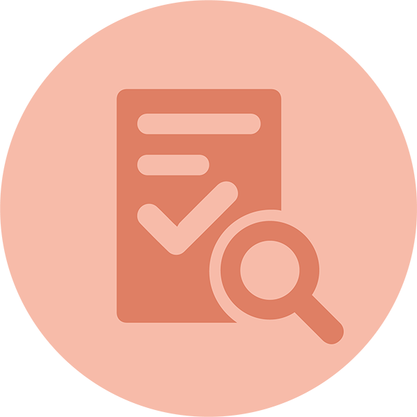 light red round icon with a document and magnifying glass symbol