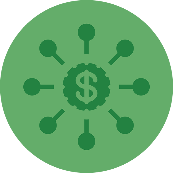 Green round icon depicting the money symbol and many sources