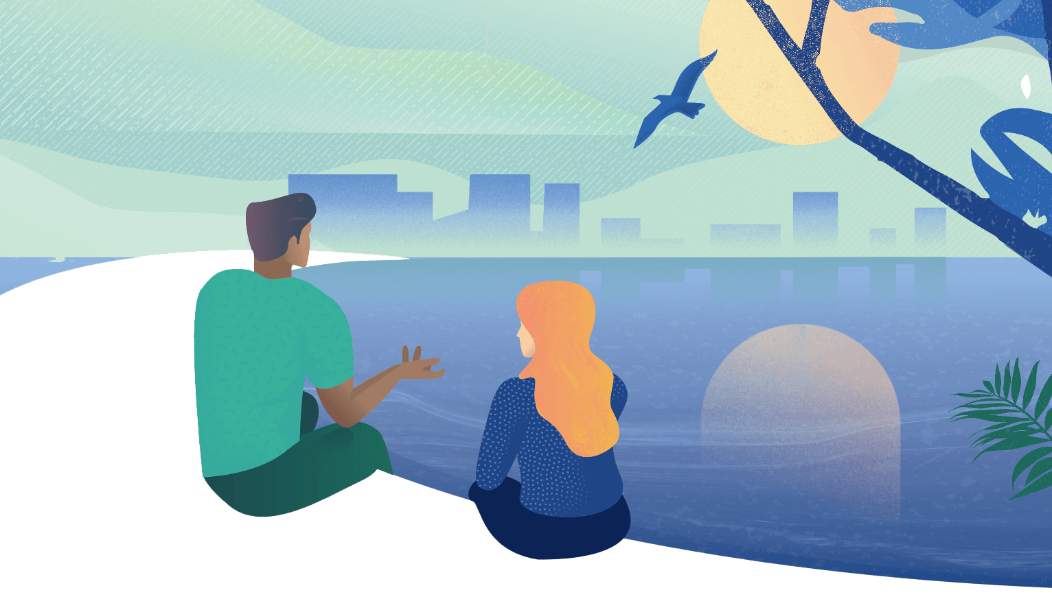 Illustration of a man and woman sitting by a lake conversing