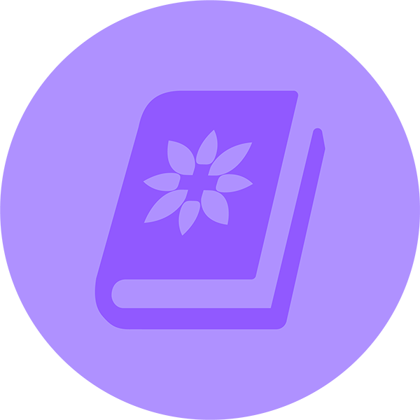 Violet round icon with book symbol and the MHFA flower icon