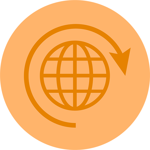 Orange round icon depicting an arrow travelling to the right around the globe.