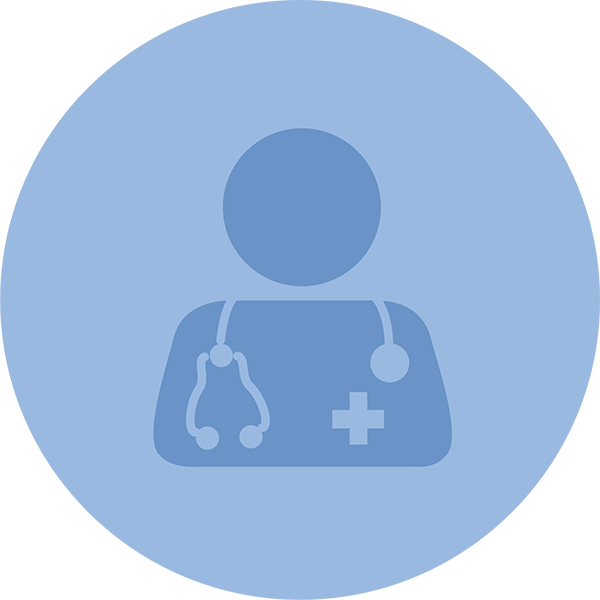 light blue round icon with a medical person symbol
