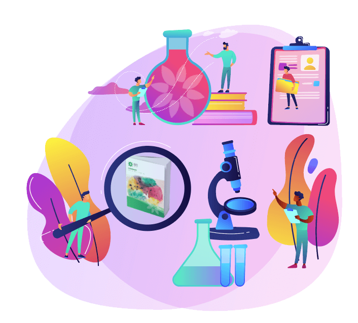 Illustration of a group of people with research icons