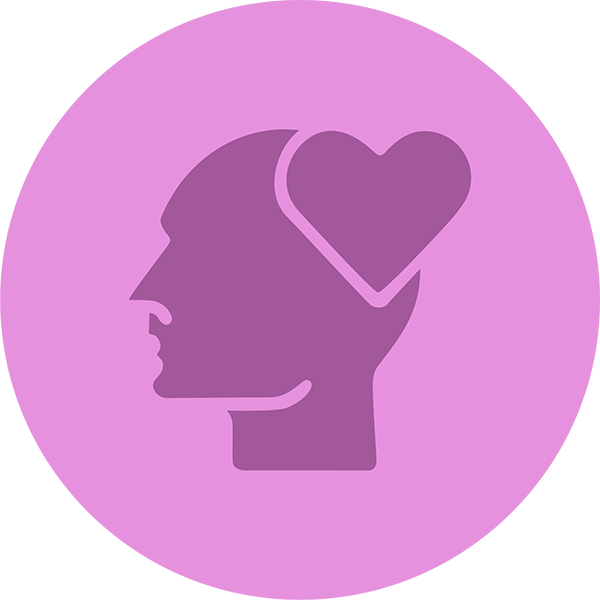 Purple round icon with womans head and heart symbols