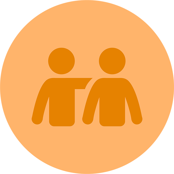 Orange round icon with two person symbol representing on person supporting the other